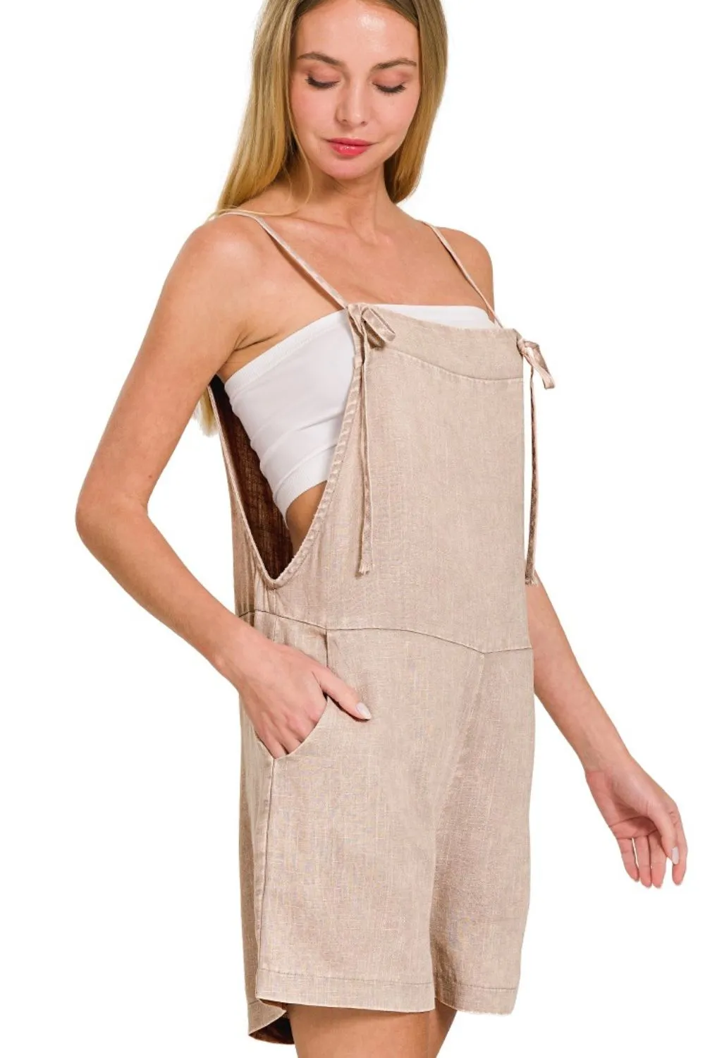 Washed Linen Knot Strap Rompers, image 2