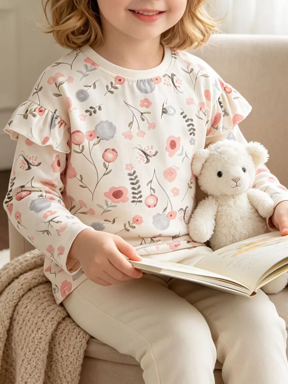 Children's Floral Print Ruffle-Sleeve Crew Neck Sweatshirt