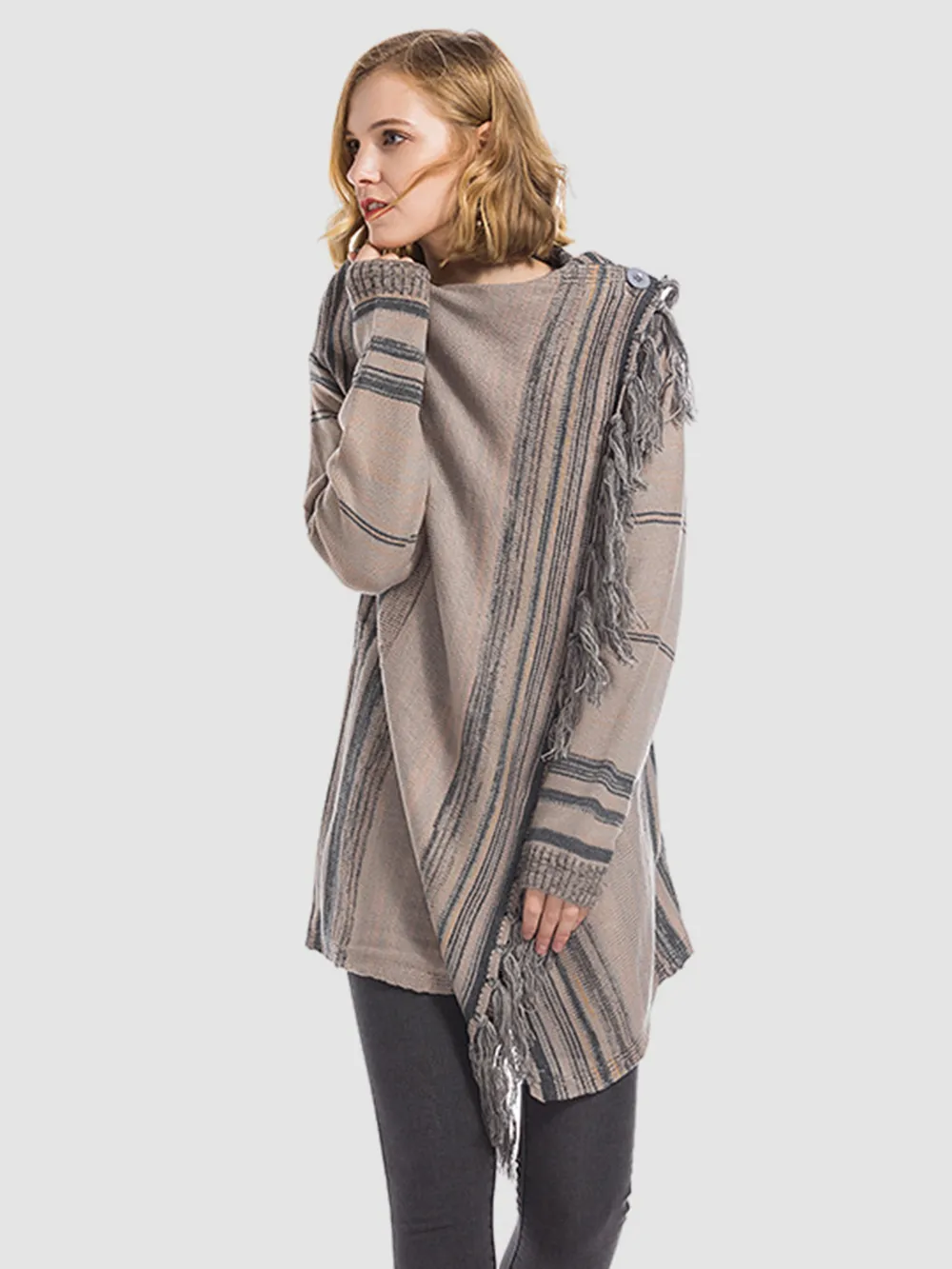 Tassel Striped Open Front Long Sleeve Cardigan, image 4