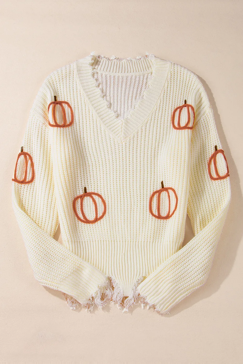 Raw Hem Pumpkin V-Neck Long Sleeve Sweater, image 2