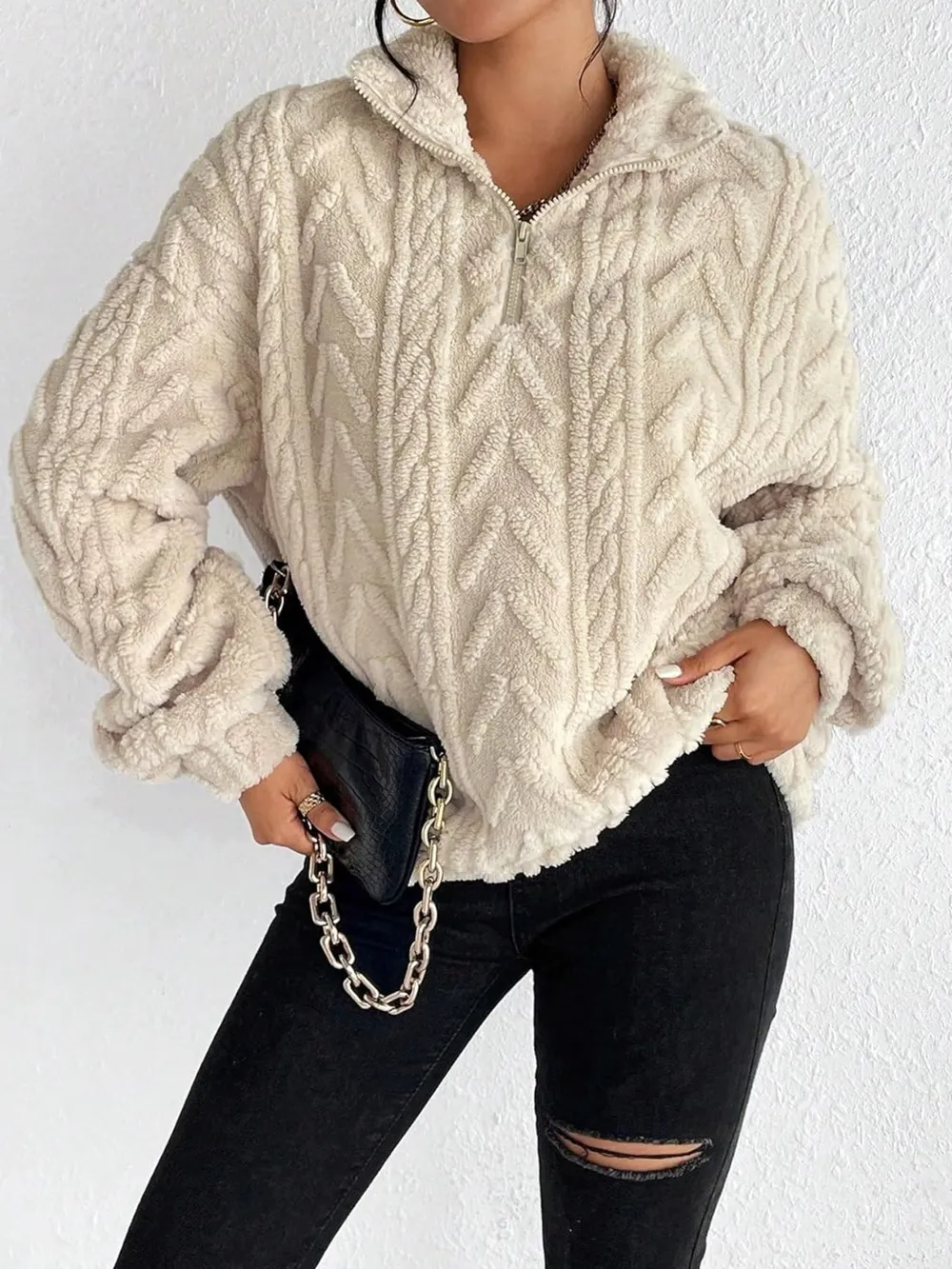 Fuzzy Quarter Zip Long Sleeve Sweatshirt, image 2