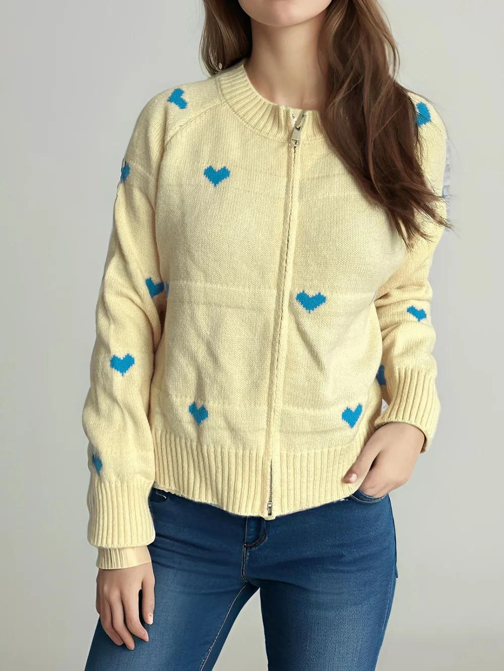 Heart Round Neck Zip Up Cardigan, image 23