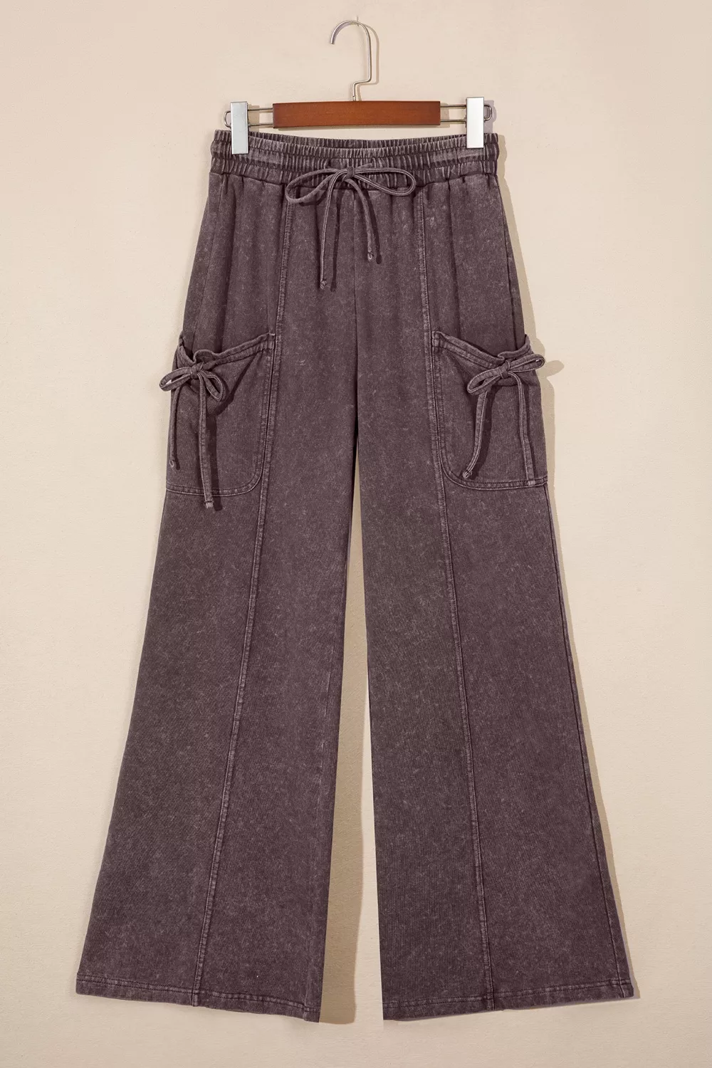 Mineral Wash Elastic Waist Drawstring Tie Detail Cargo Pants