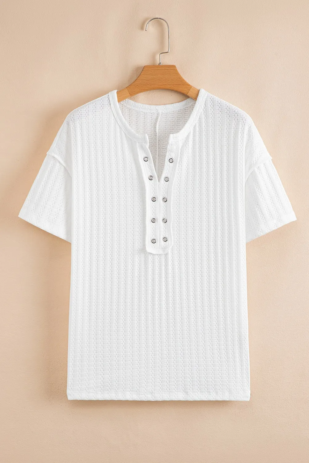 Textured Hollow Grommet Placket Split Neck Short Sleeve Top, image 4