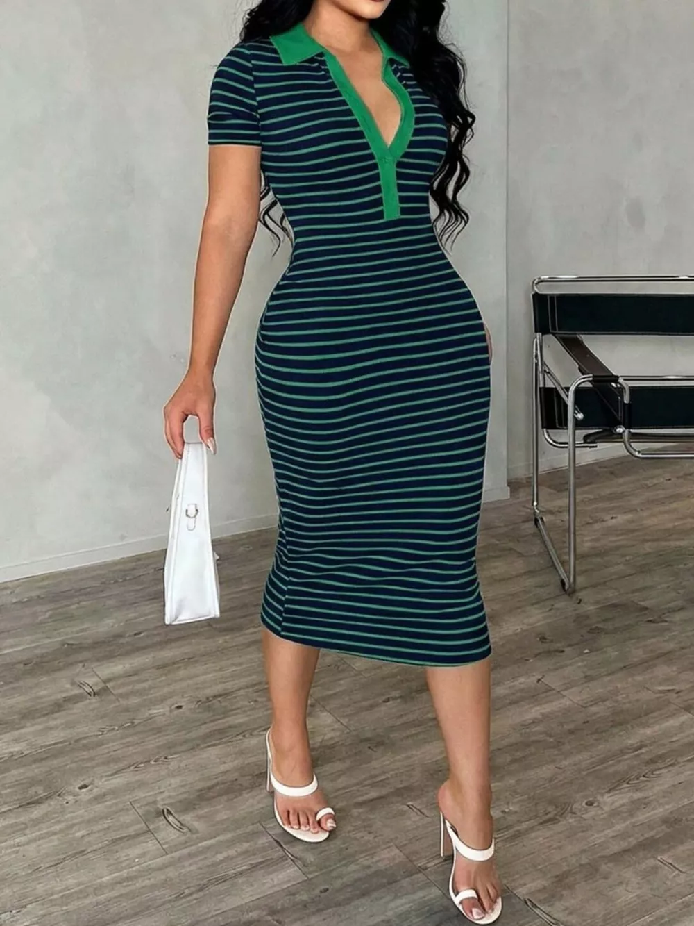 Striped Polo Collar Midi Dress, image 21