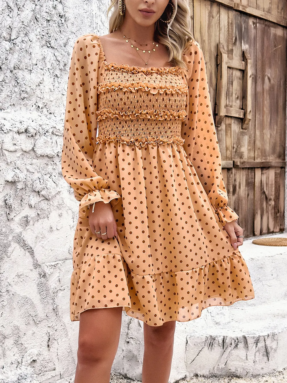 Smocked Polka Dot Long Sleeve Dress, image 8