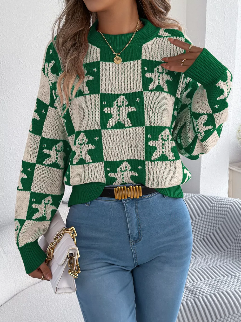 Christmas Checkerboard Gingerbread Round Neck Sweater, image 5