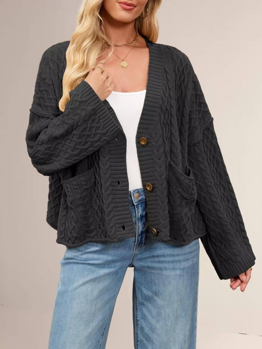 Cable Knit Button-Down Cardigan, image 3