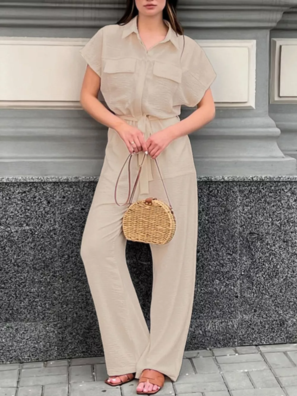 Chest Pocket Short Sleeve Wide Leg Jumpsuit