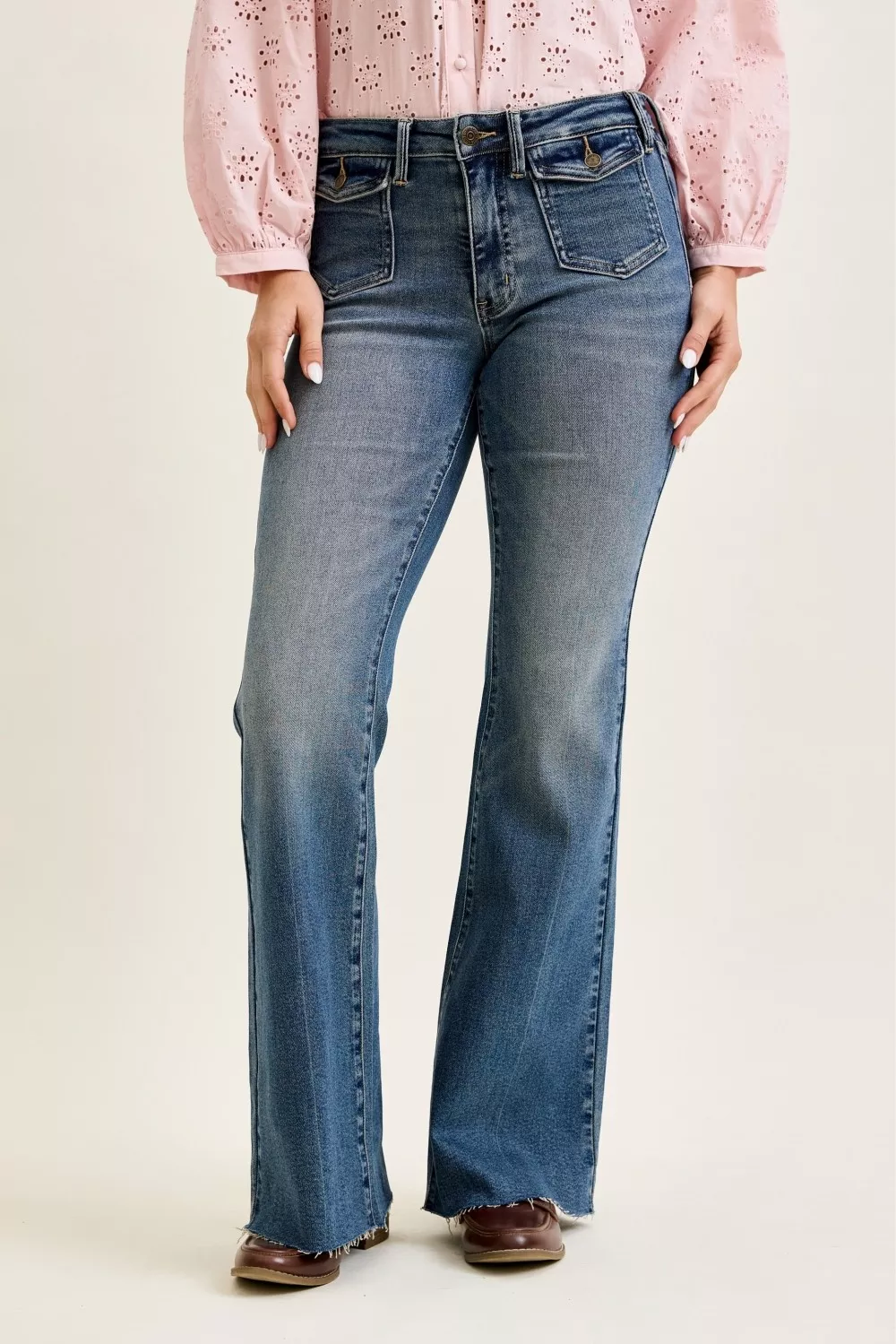 Mid Rise Flare Jeans with Front Flap Pockets