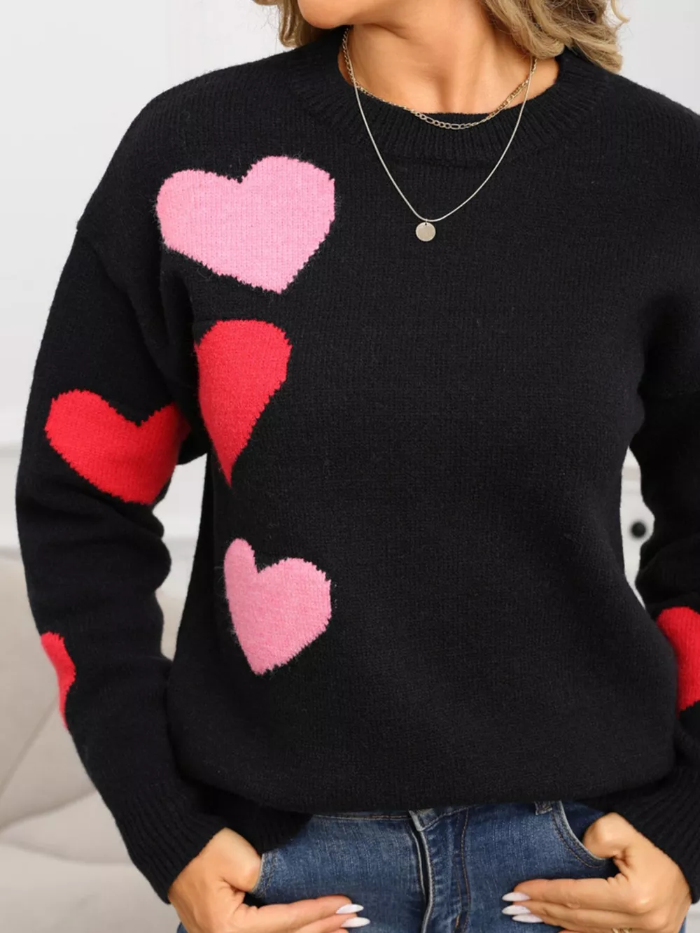 Valentine's Day Heart Pattern Round Neck Sweater, image 8