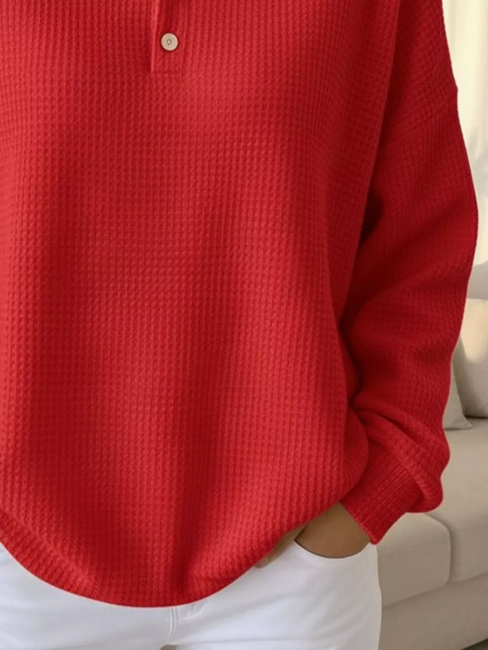 Full Size Waffle Knit Button Detail Sweatshirt Plus Size, image 4