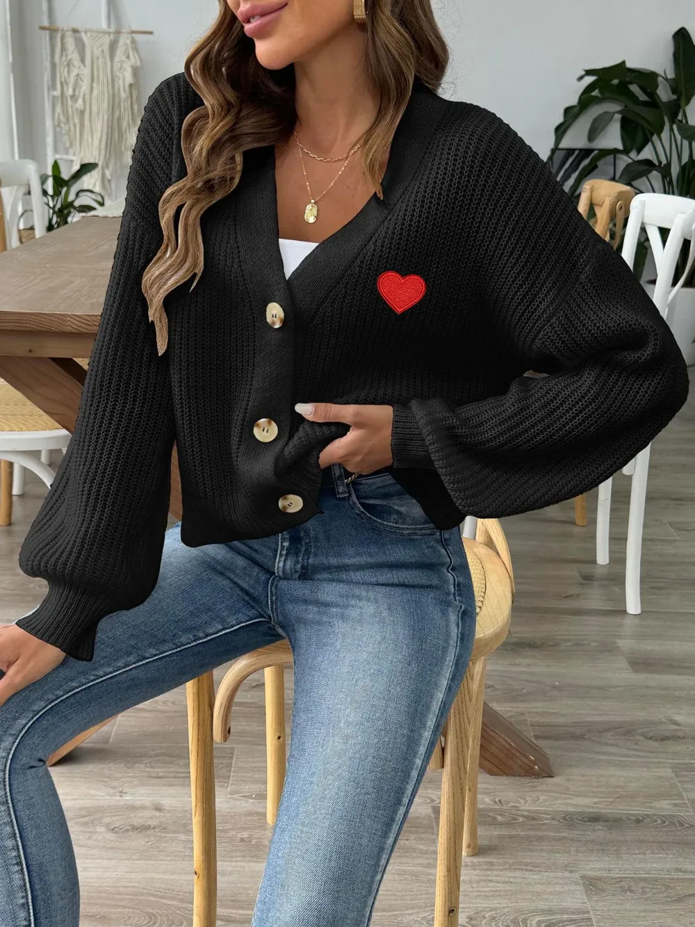 Heart Button Down V-Neck Long Sleeve Cardigan, image 4