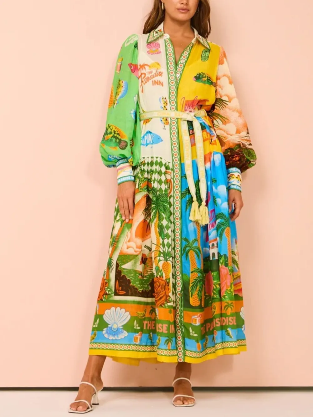 Printed Lantern Sleeve Midi Shirt Dress, image 4