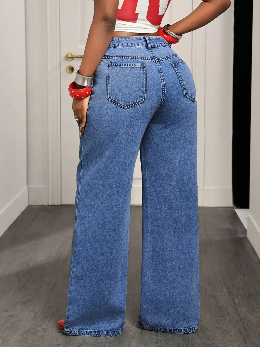 Asymmetrical High-Waisted Wide-Leg Jeans with Wrap Detail, image 4