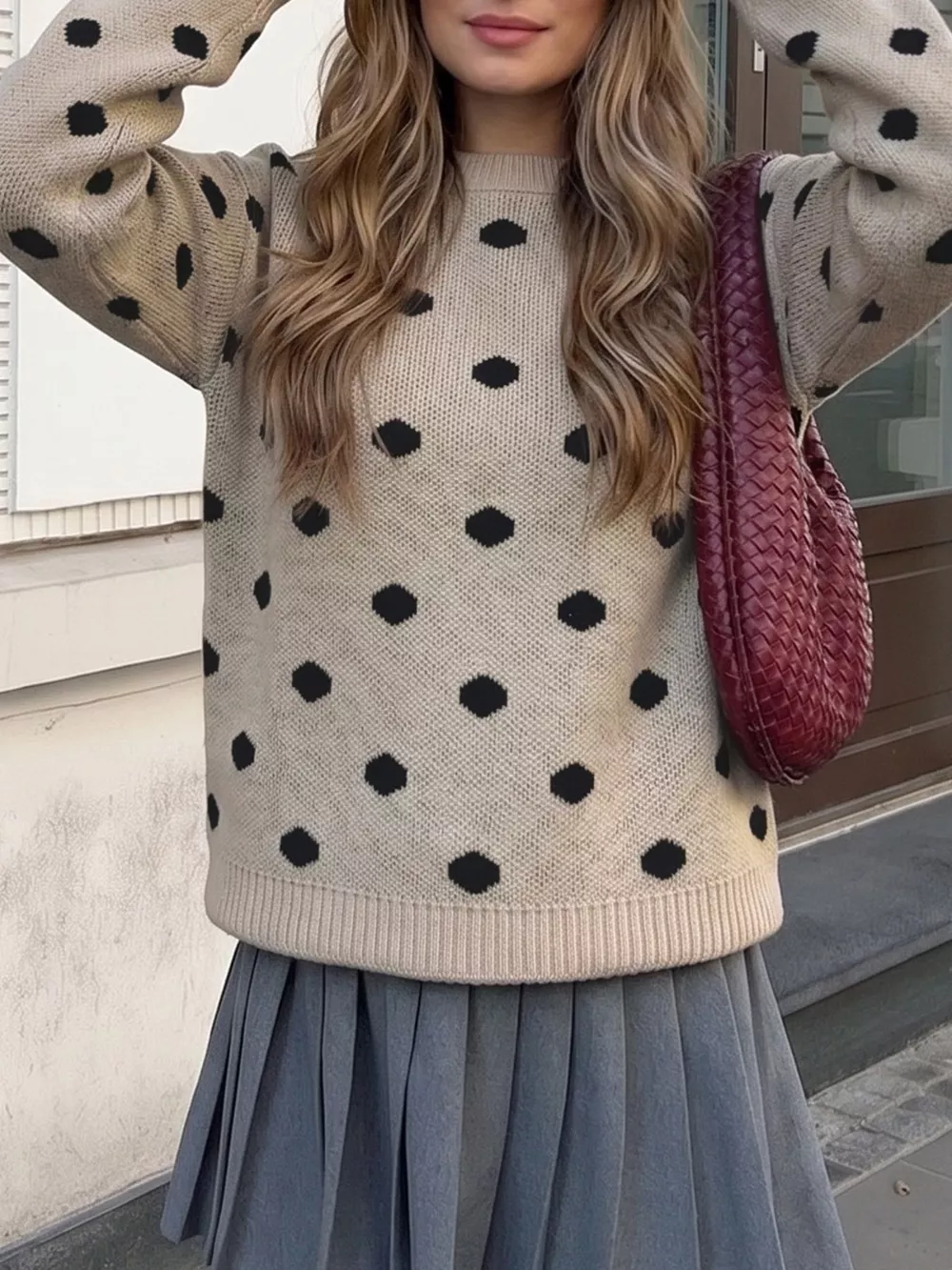 Polka Dot Dropped Shoulder Sweater, image 4