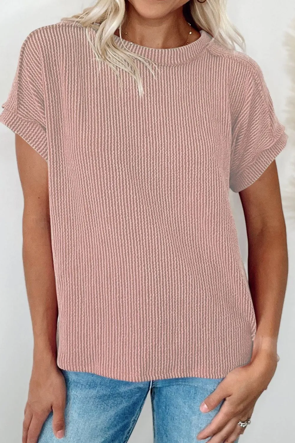 Casual Ribbed Short Sleeve Round Neck T-Shirt, image 14