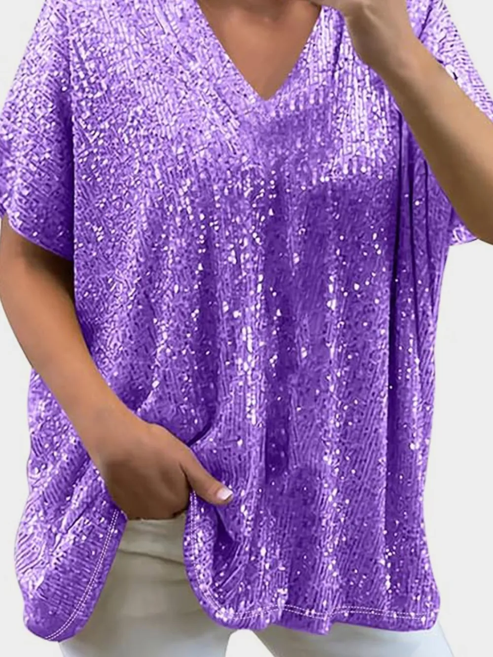 Full Size Sequin V-Neck Short Sleeve Top, image 11