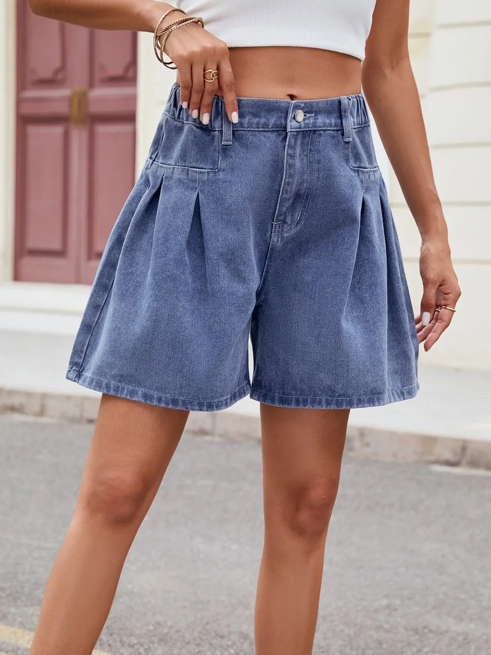 Ruched Half Elastic Waist Denim Shorts, image 3