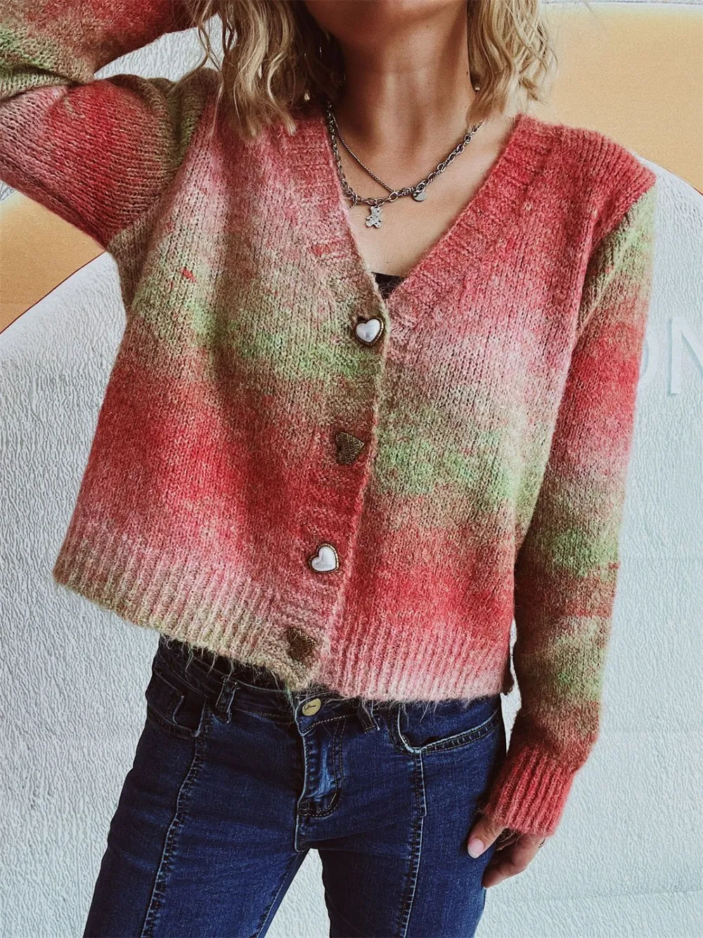 Gradient Heart Shape Button V-Neck Cardigan, image 3