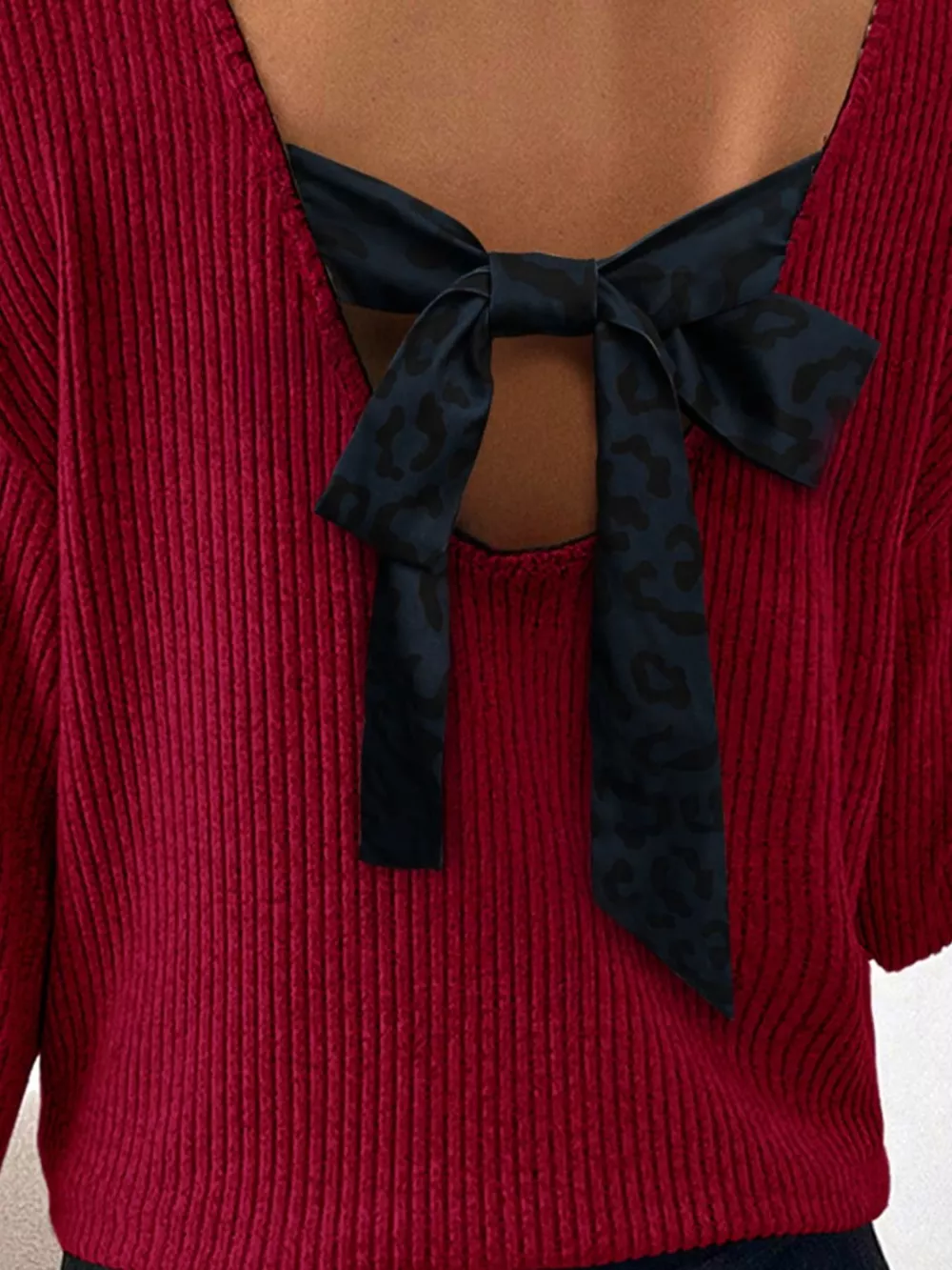 Ribbed V Neck Contrast Ribbon Bow Back Drop Shoulder Long Sleeve Top, image 4