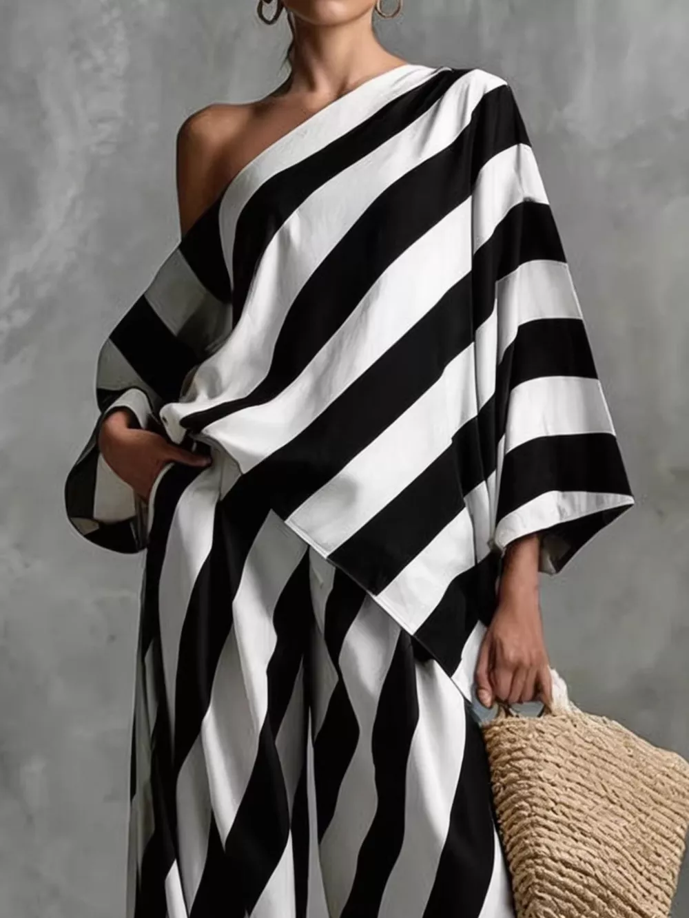 Full Size One-Shoulder Striped Top and Wide-Leg Pants Set Plus Size, image 2