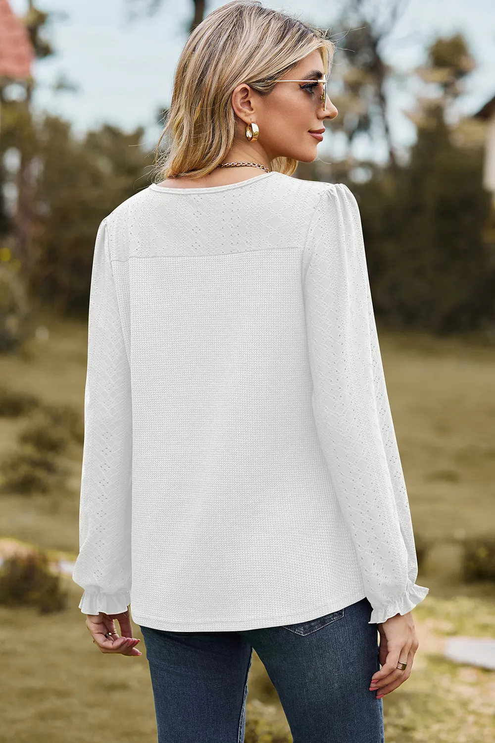 Eyelet Round Neck Flounce Sleeve T-Shirt, image 7