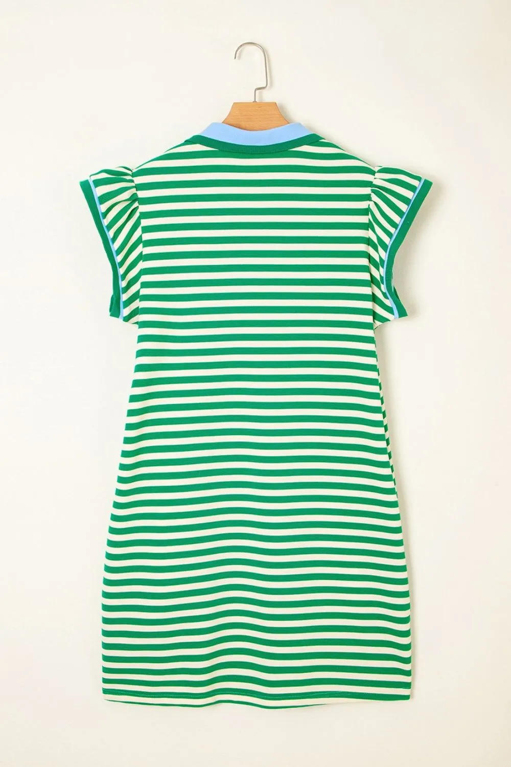 Stripe Print Contrast Collar Split Neck Flutter Sleeve Dress, image 8