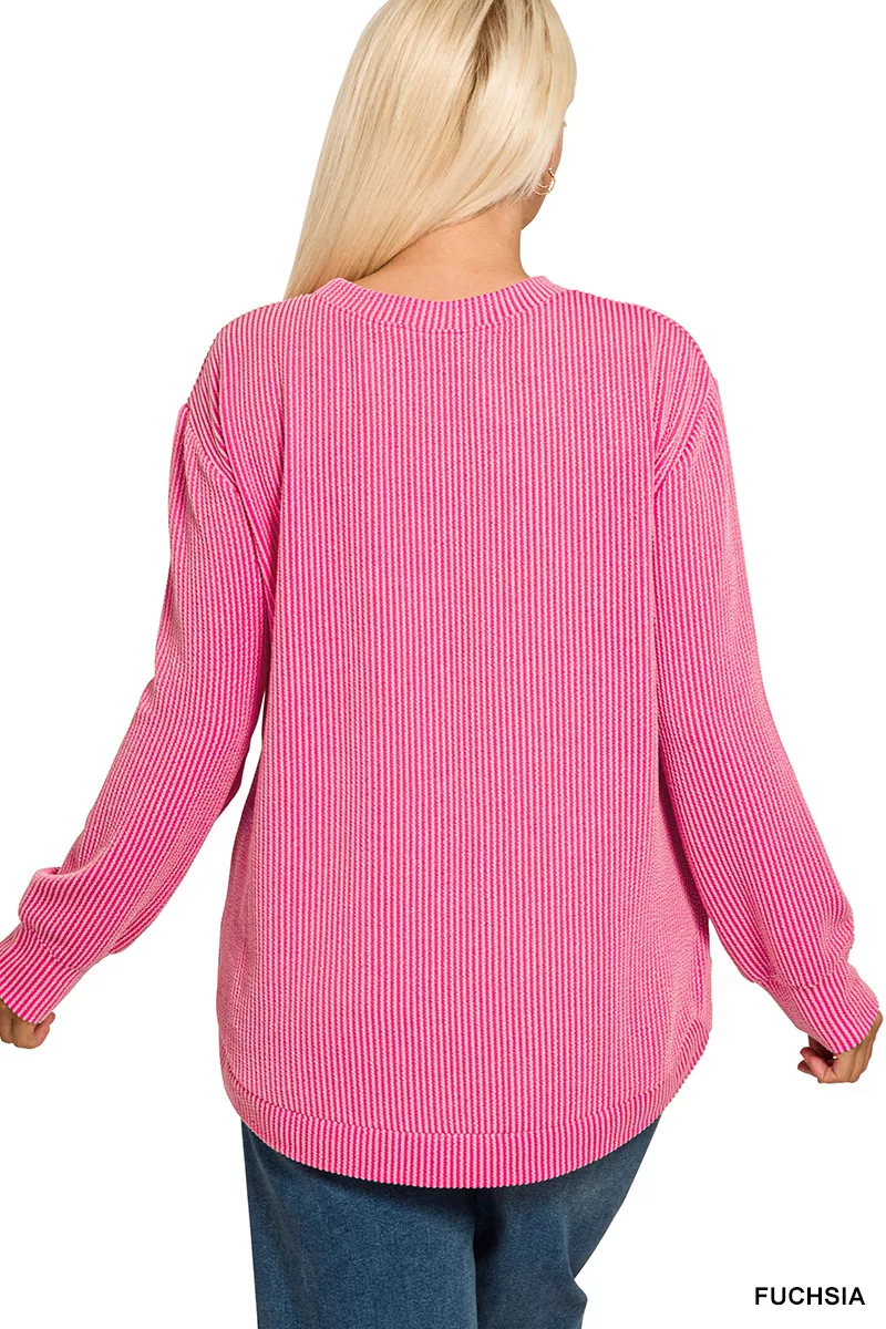 Full Size Raised Rib Round Neck Long Sleeve Top Plus Size, image 3