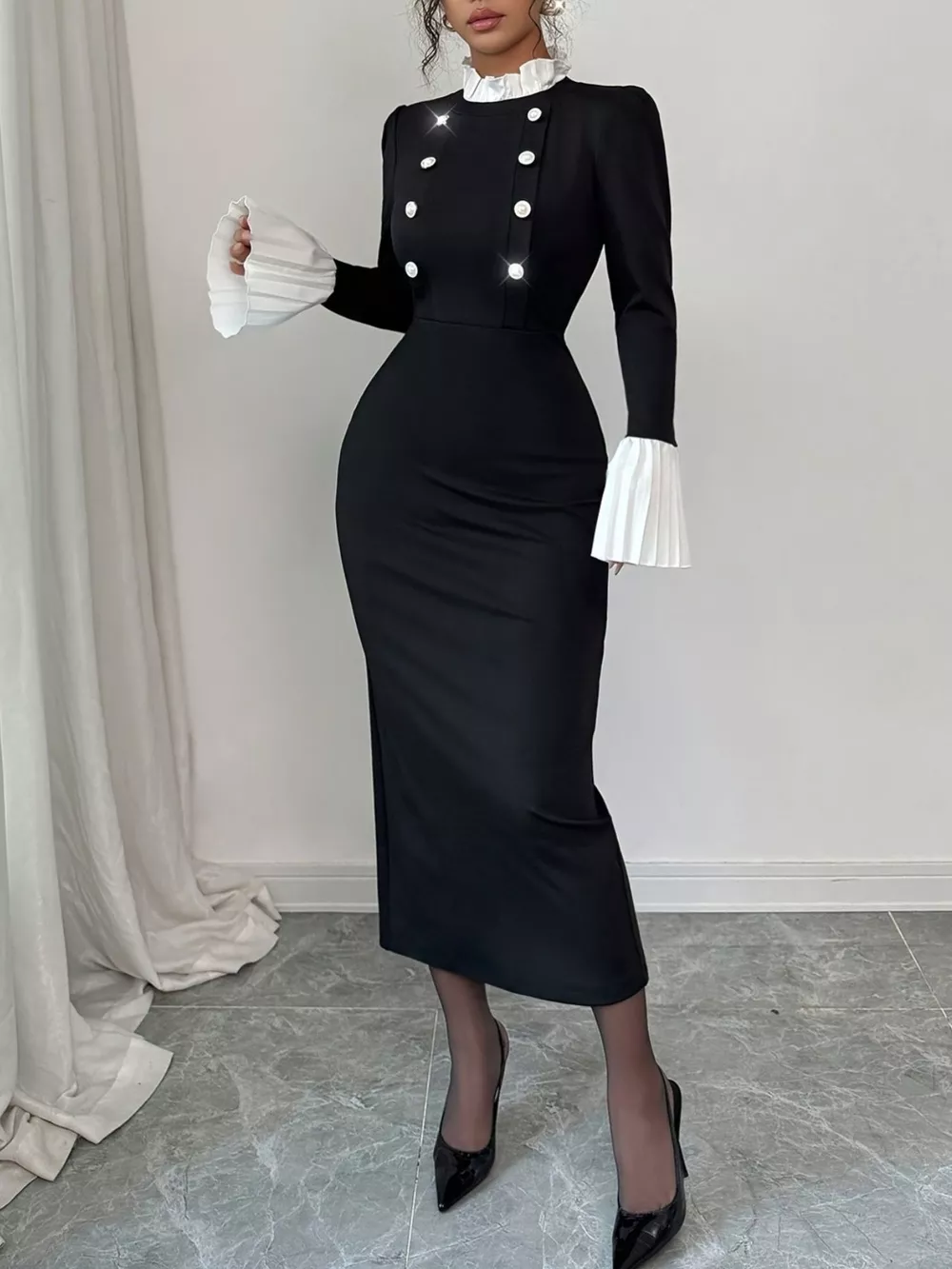 Two Tone Long Sleeve Midi Dress
