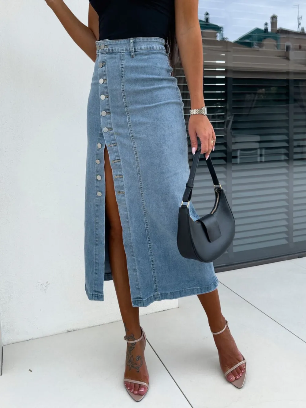Front Button Slit Midi Denim Skirt, image 3