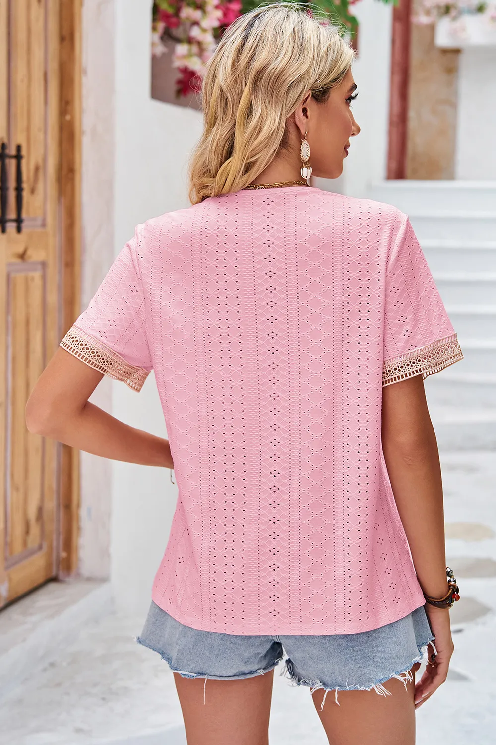 Eyelet V-Neck Short Sleeve T-Shirt, image 3