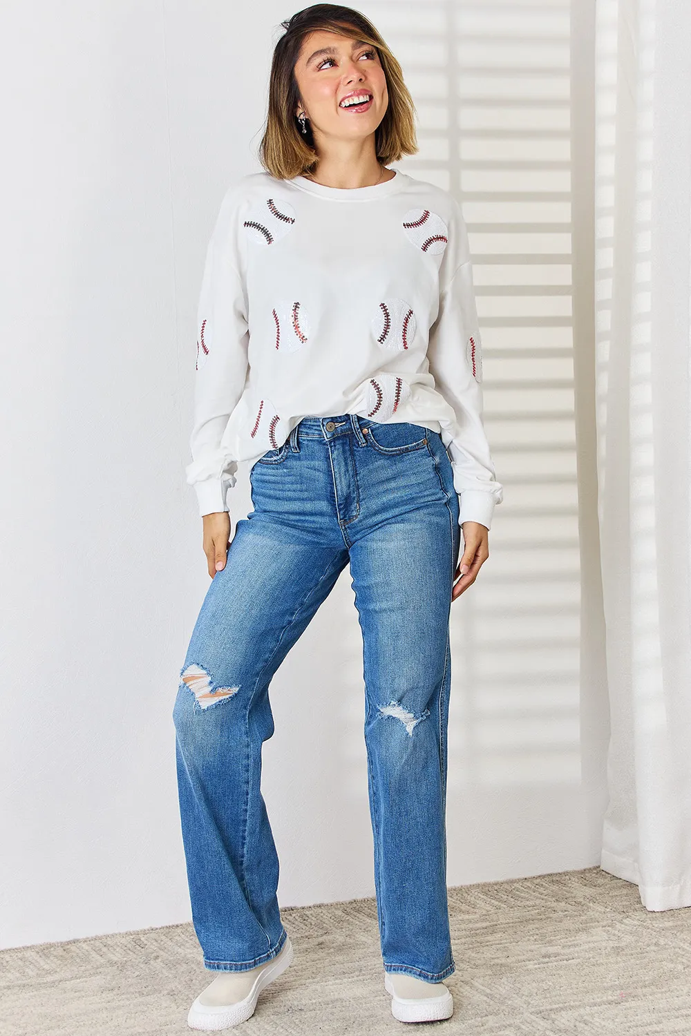 Sequin Baseball Round Neck Dropped Shoulder Sweatshirt, image 6