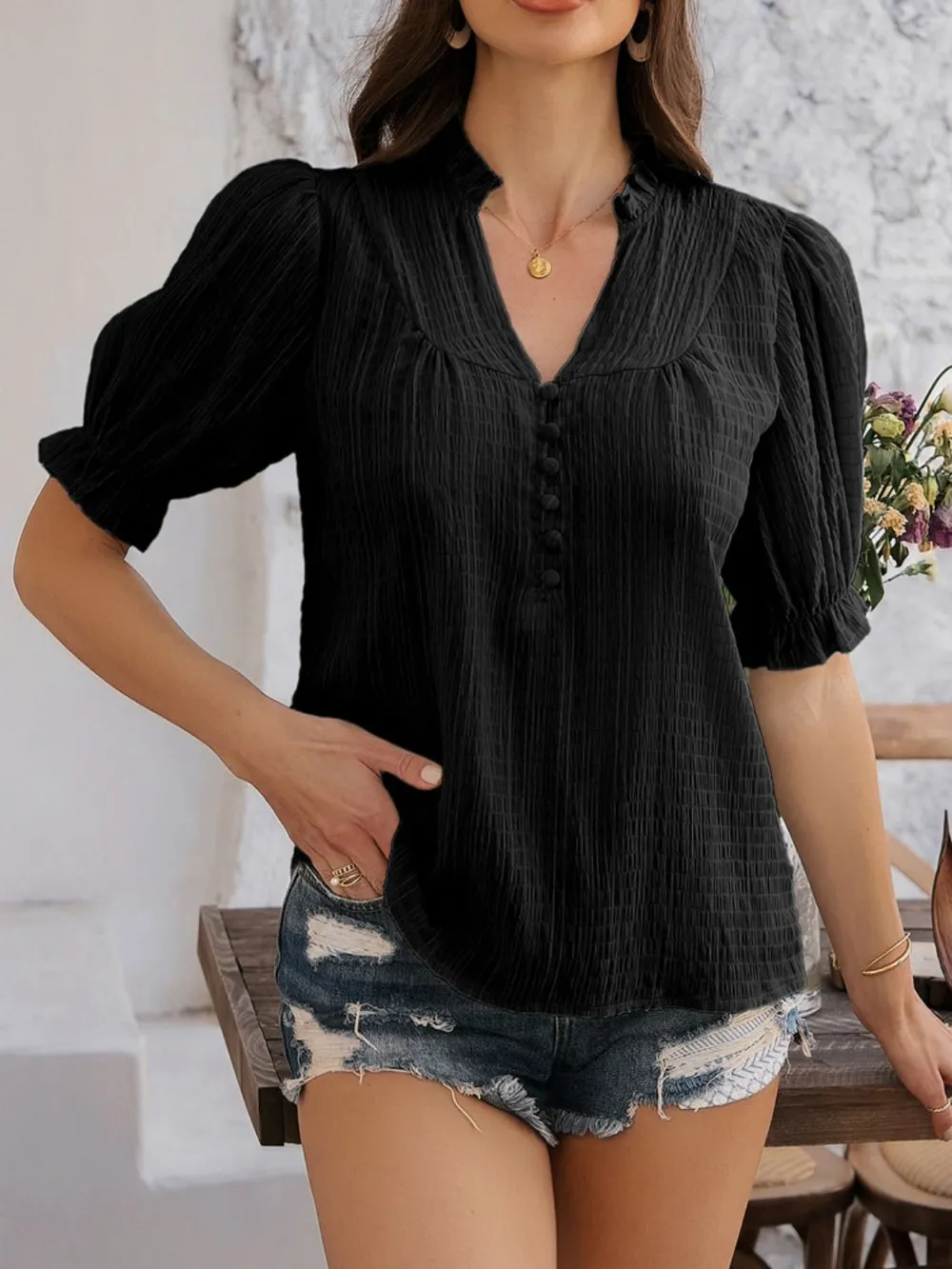 Frill Notched Short Sleeve Blouse, image 8