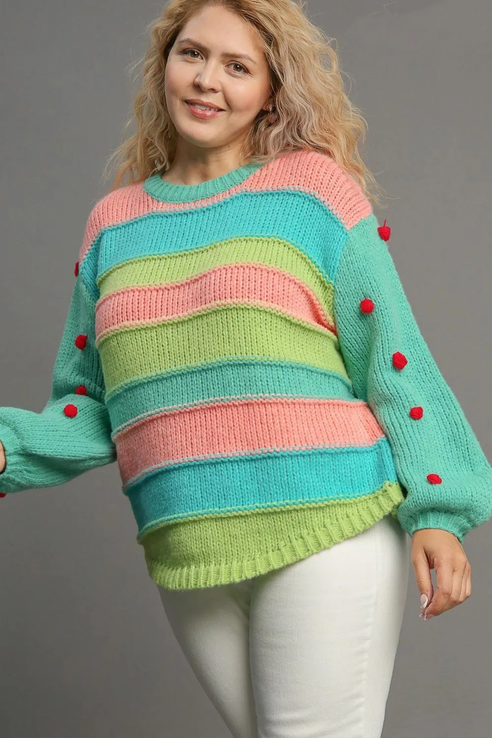 Full Size Color Block Cable Knit Sweater with Pom Pom Plus Size, image 4