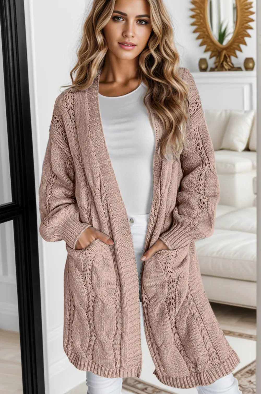 Cable-Knit Dropped Shoulder Slit Cardigan, image 17