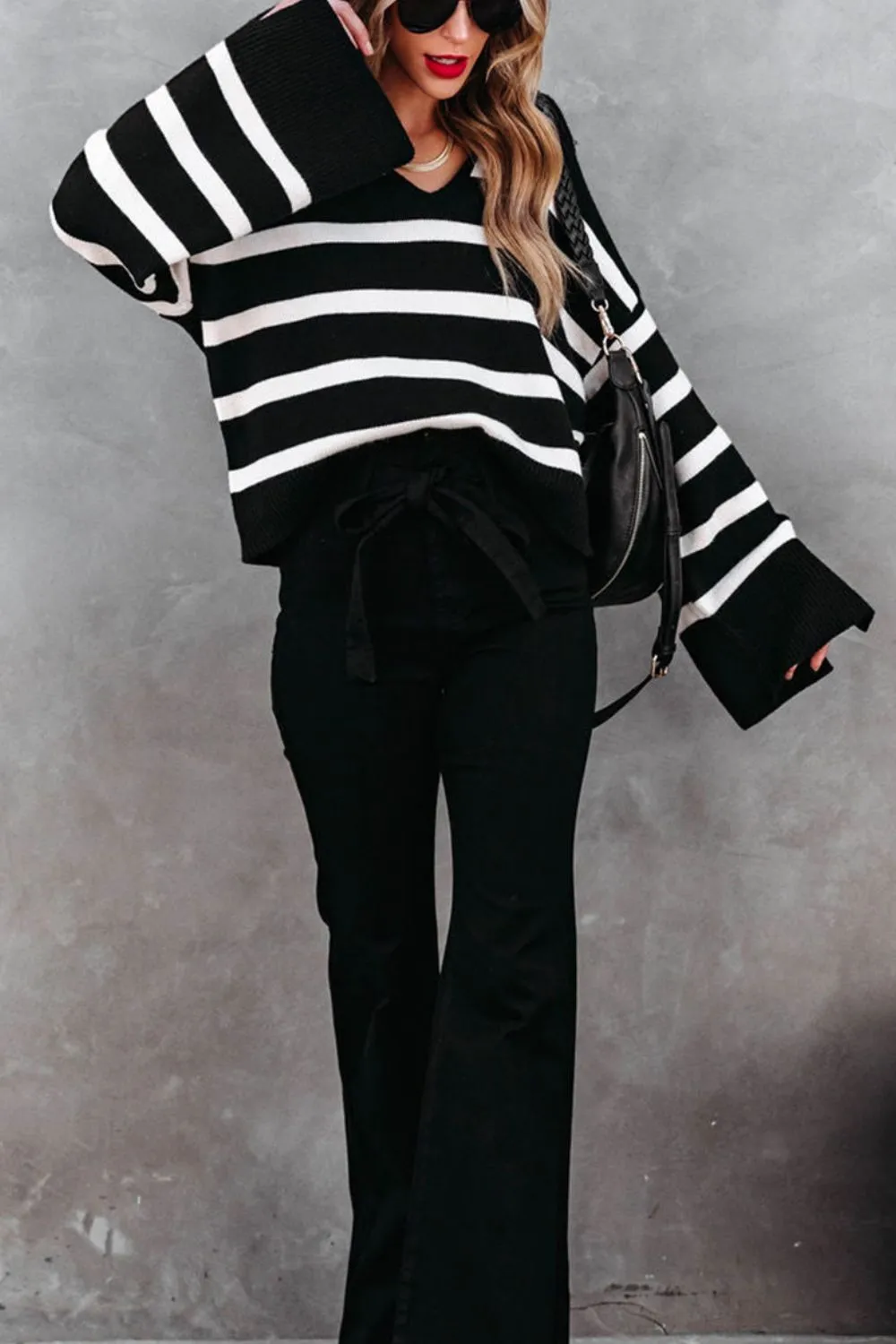 Striped Johnny Collar Long Sleeve Sweater, image 5