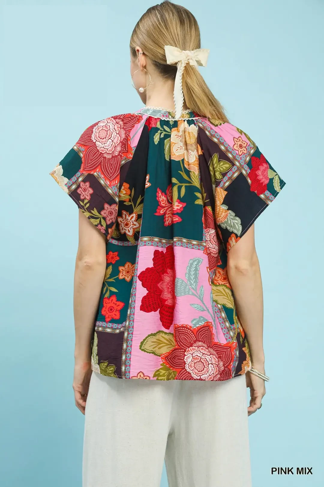 Mix Floral Patchwork Tassel Tie Top, image 3