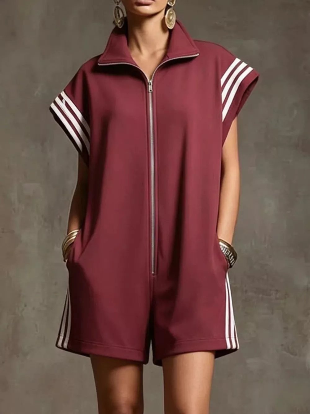 Striped Zip Front Short Sleeve Romper, image 4