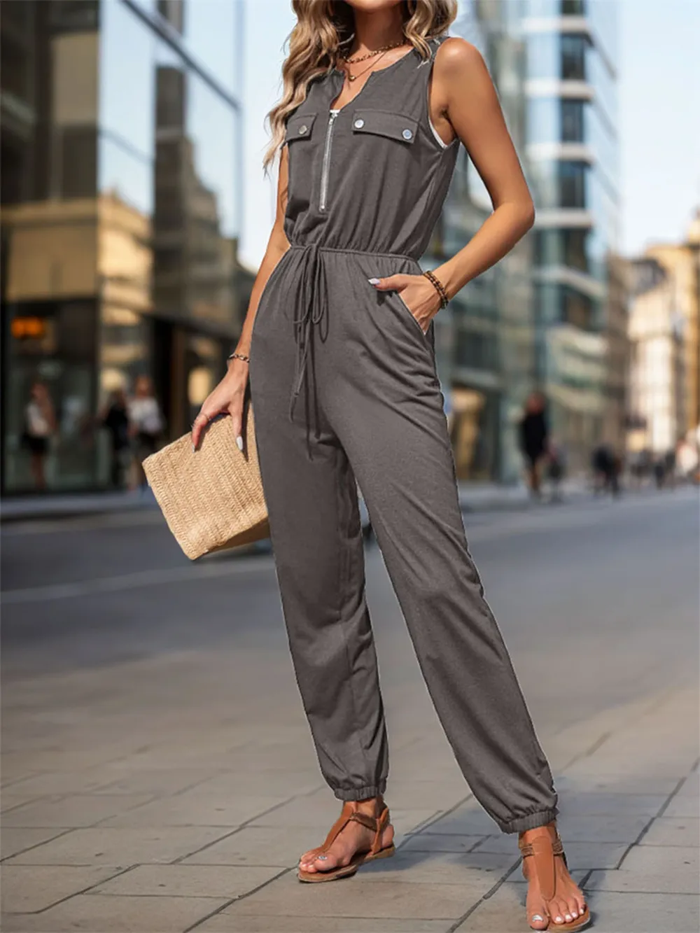 Drawstring Waist Sleeveless Jumpsuit, image 5