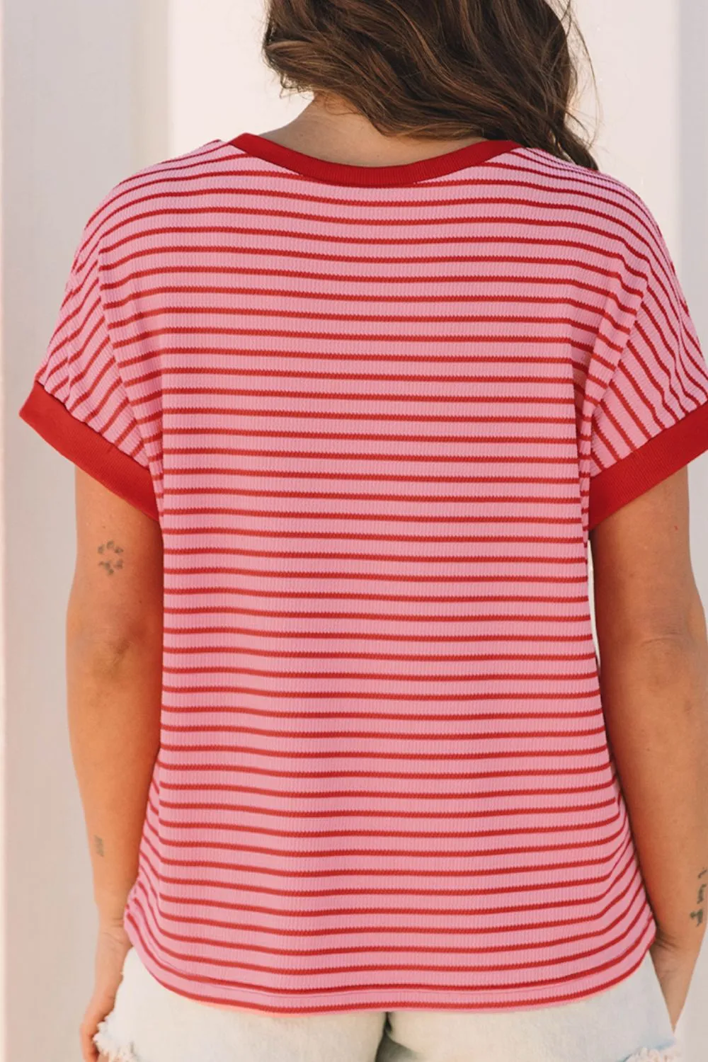 Contrast Striped Round Neck Short Sleeve T-Shirt, image 9
