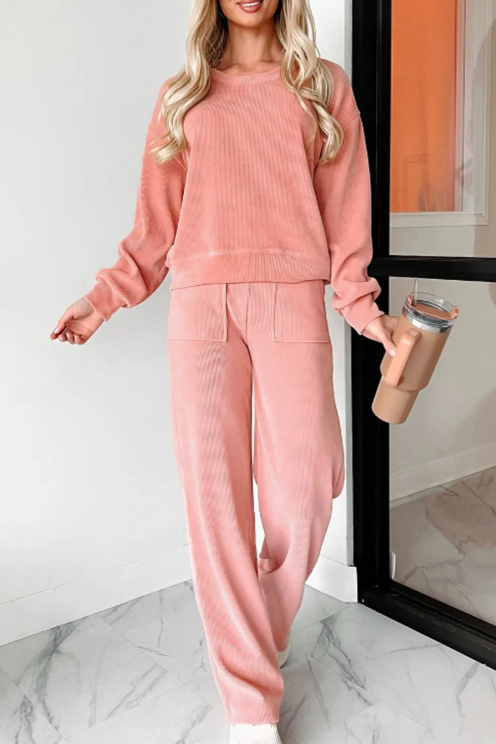 Round Neck Long Sleeve Top and Pants Set, image 3