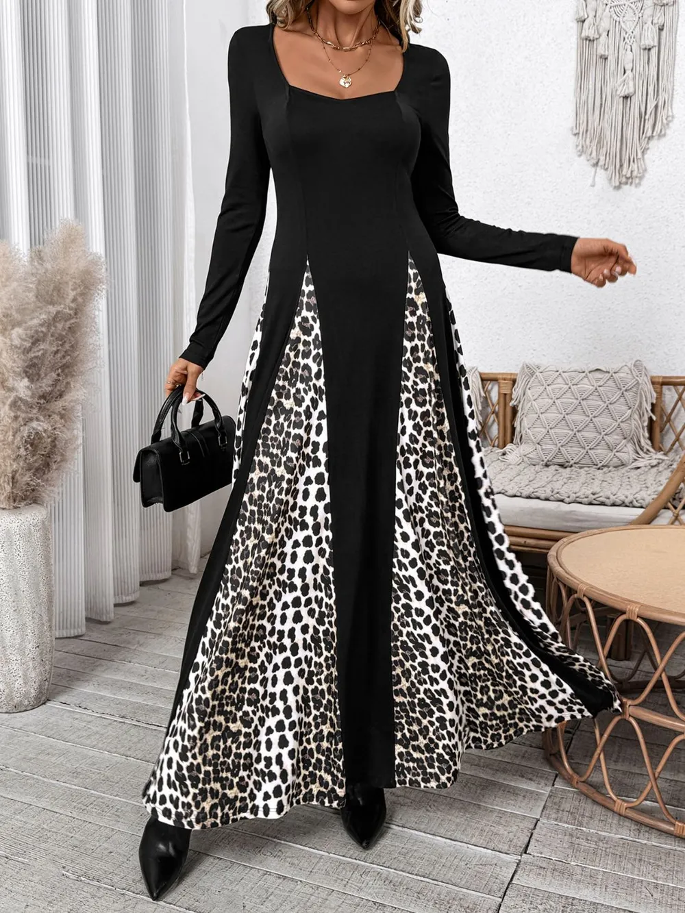Leopard Square Neck Long Sleeve Maxi Dress, image 4