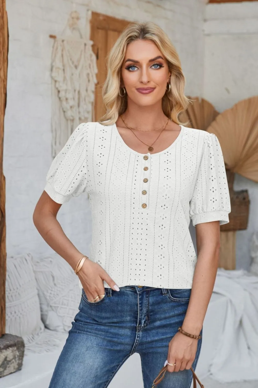 Eyelet Round Neck Short Sleeve Blouse, image 9