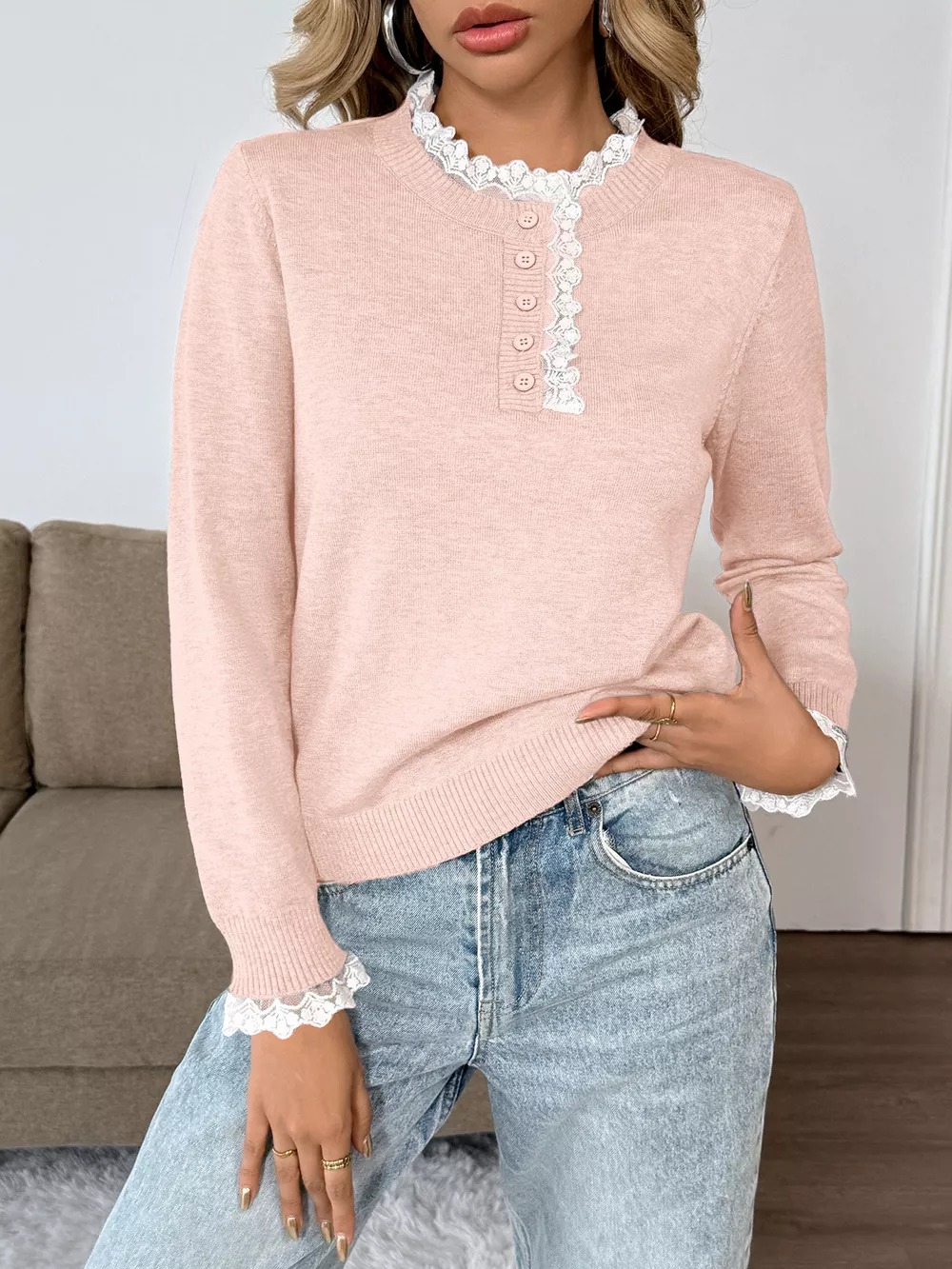 Lace Trim Button Detail Sweater, image 16