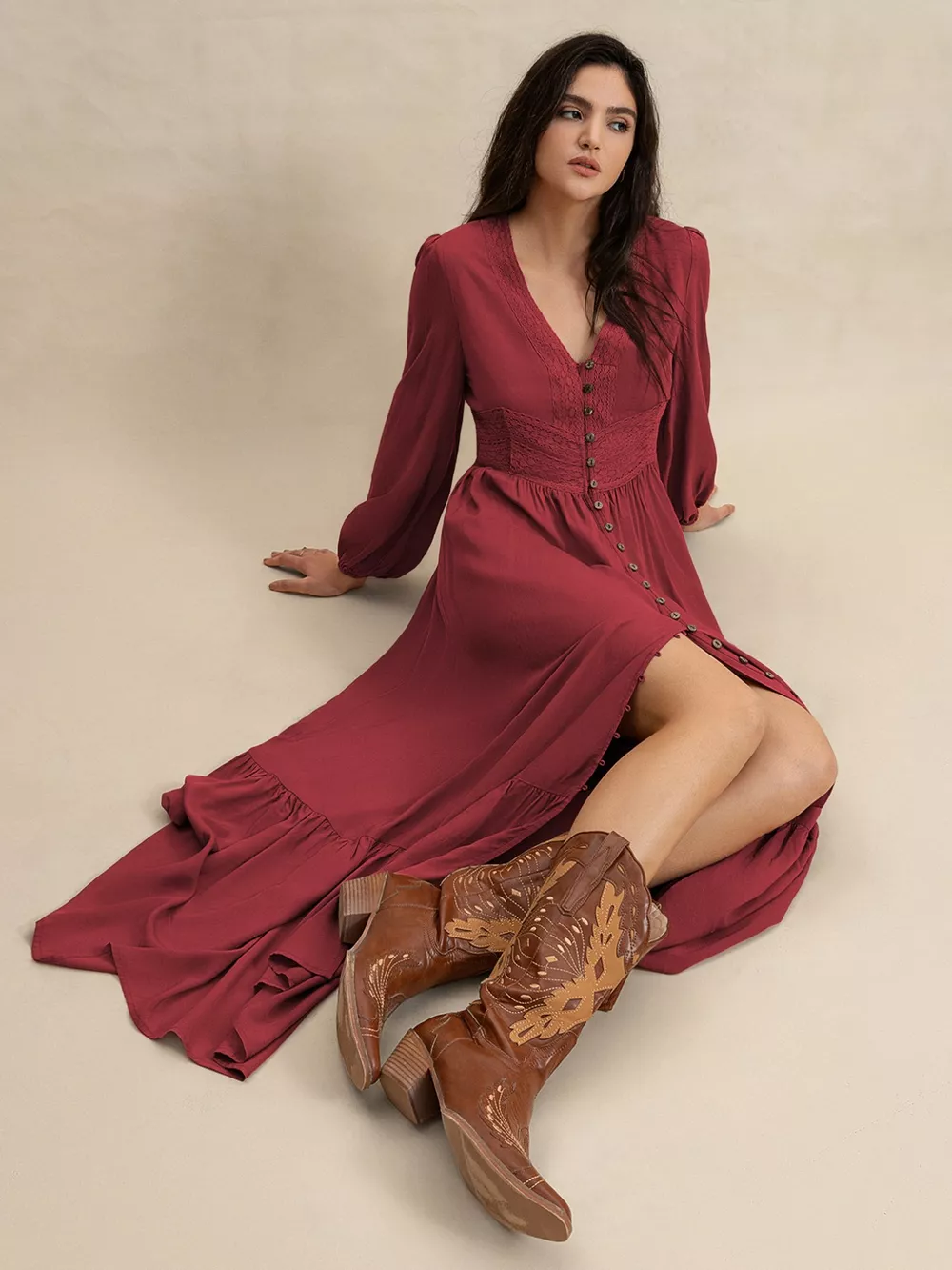 Plus Size V-Neck Balloon Sleeve Maxi Dress, image 6