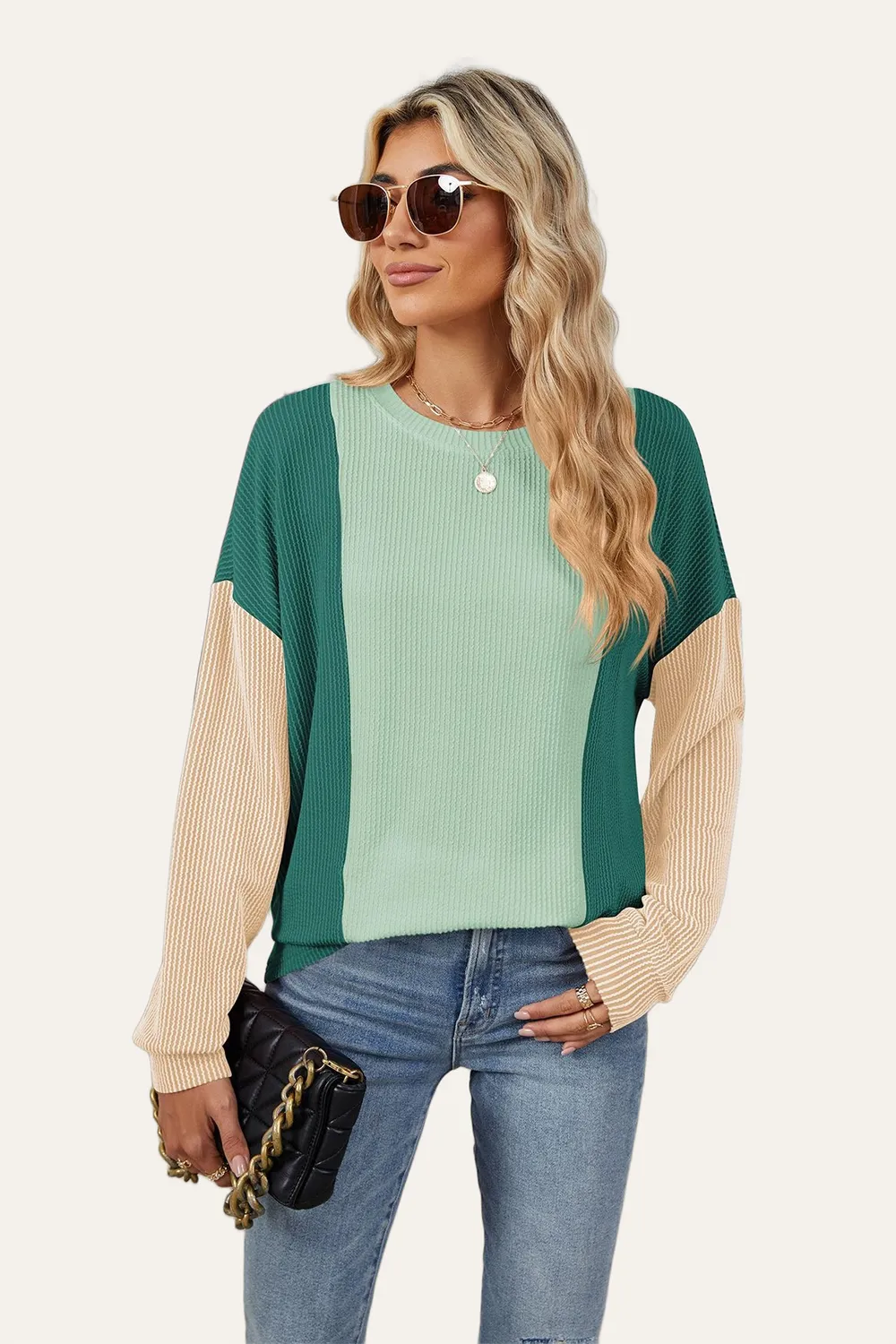 Texture Contrast Round Neck Long Sleeve T-Shirt, image 6