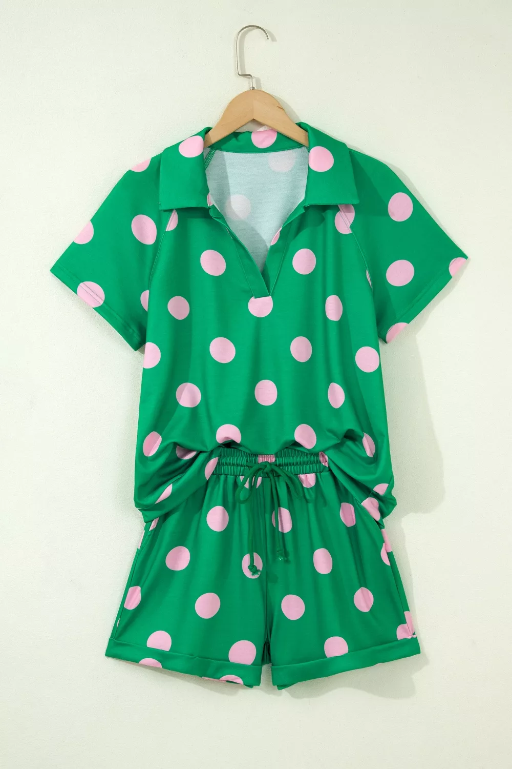 Polka Dot Print V Neck Tee Short Set, image 2
