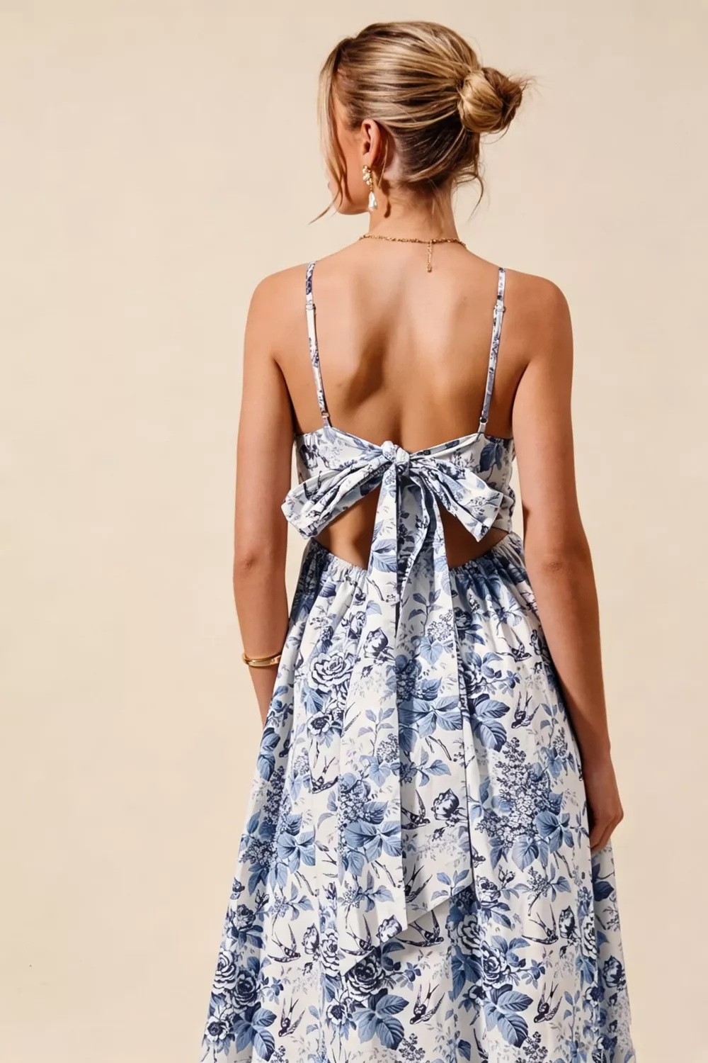Floral Woven V Neck Dress With Back Ribbon Tie, image 6