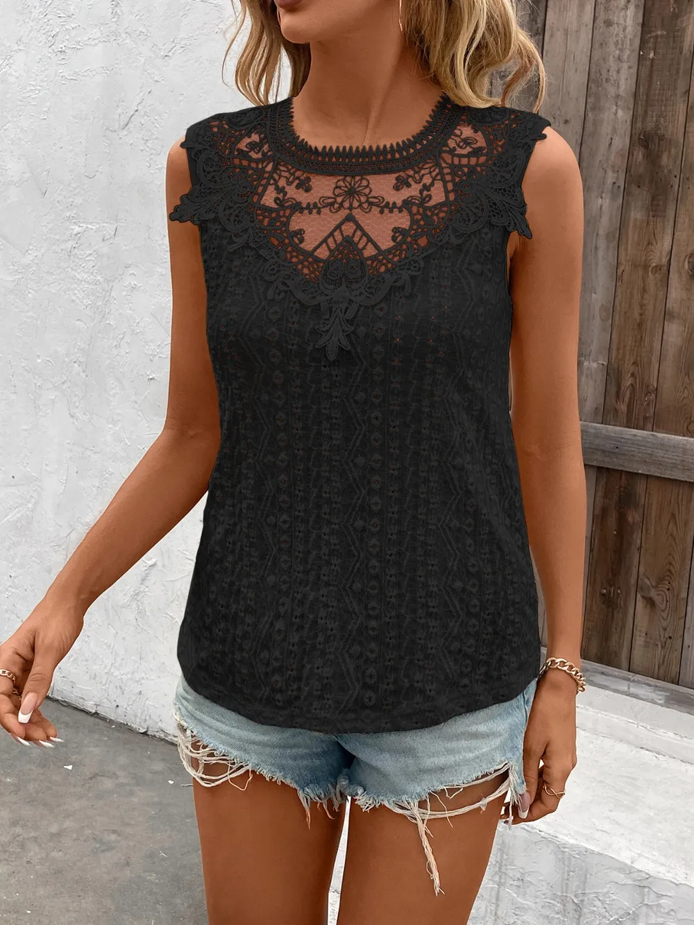 Lace Detail Eyelet Round Neck Tank, image 5